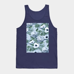 Anemones and Chrysanthemums in Green, Blue and White Tank Top